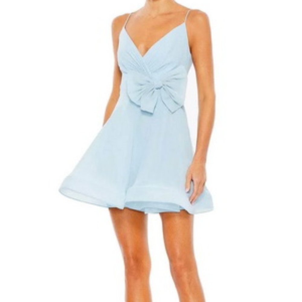 Ieena Mac Duggal Powder Blue Faux Wrap Bow Detail Flowy Mini Dress